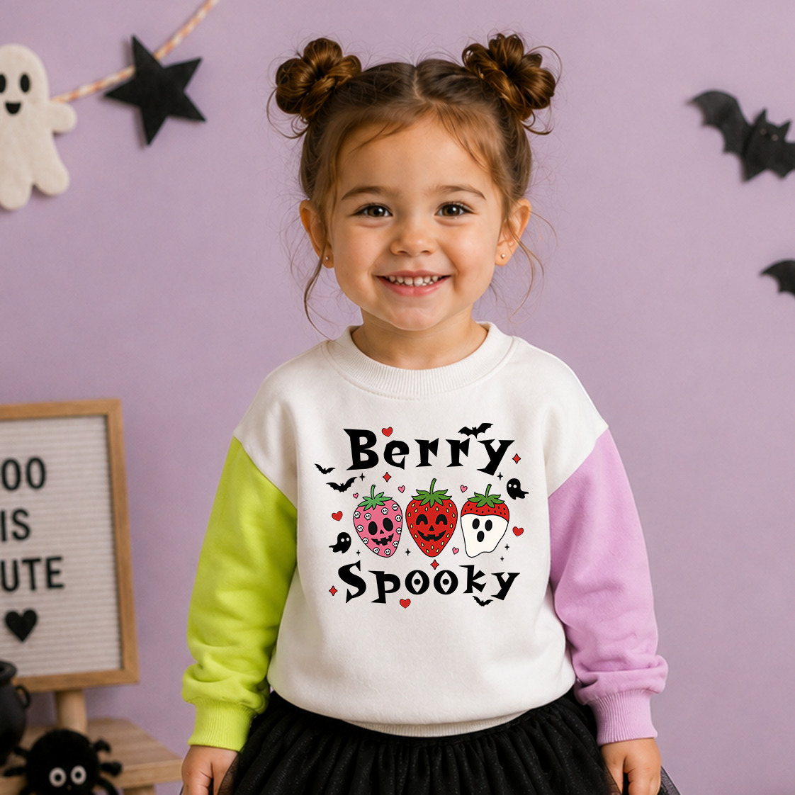 A young girl with her hair in two buns smiles while wearing a white crewneck sweatshirt with colorful sleeves. The sweatshirt features a 'Berry Spooky' graphic with cartoon strawberries, a ghost, and bats.