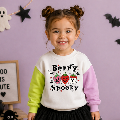 A young girl with her hair in two buns smiles while wearing a white crewneck sweatshirt with colorful sleeves. The sweatshirt features a 'Berry Spooky' graphic with cartoon strawberries, a ghost, and bats.