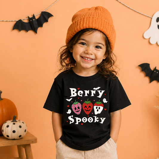 A smiling toddler wearing a black graphic T-shirt with 'Berry Spooky' and Halloween-themed illustrations, styled with an orange knit beanie against a peach wall with bat and ghost decorations.