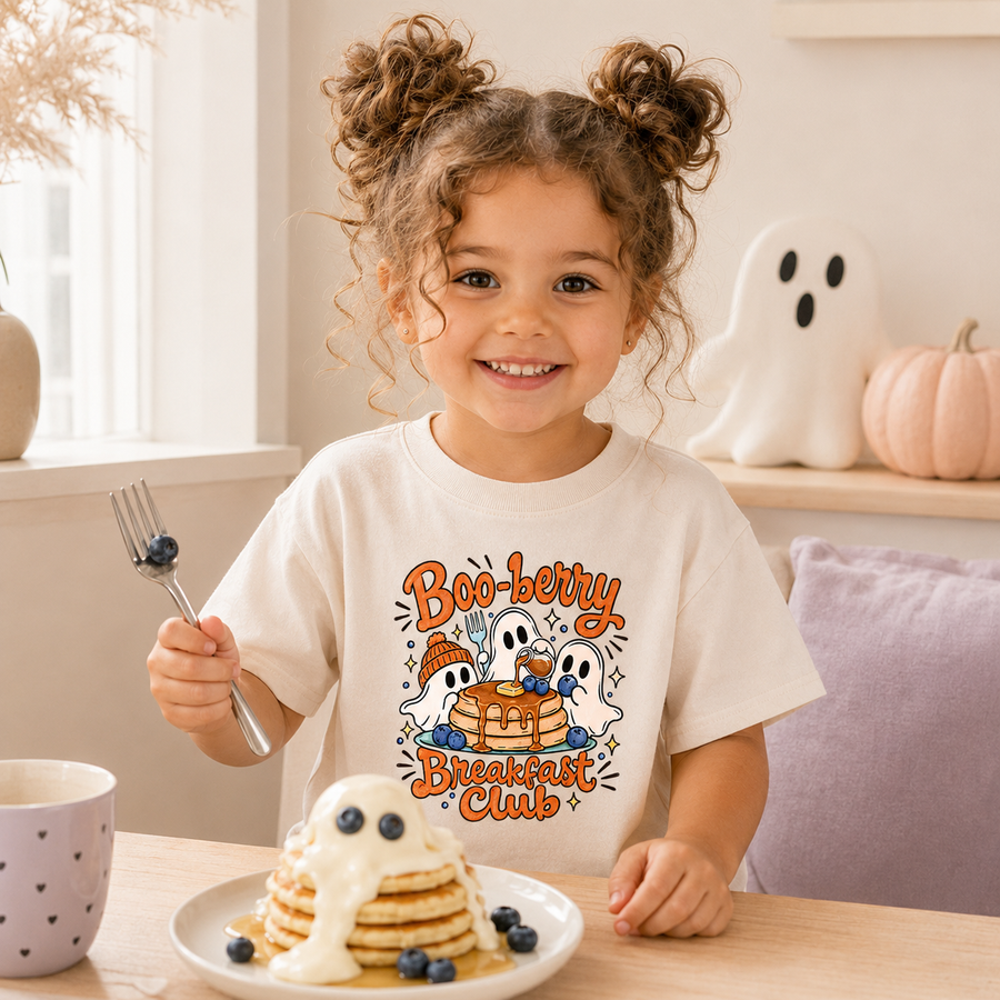 A young girl with curly hair in two buns sits at a table wearing a cream-colored graphic t-shirt that reads 'Boo-berry Breakfast Club' with cartoon ghosts and pancakes. She holds a fork with a blueberry in a bright, cozy room with a plate of pancakes in front of her.