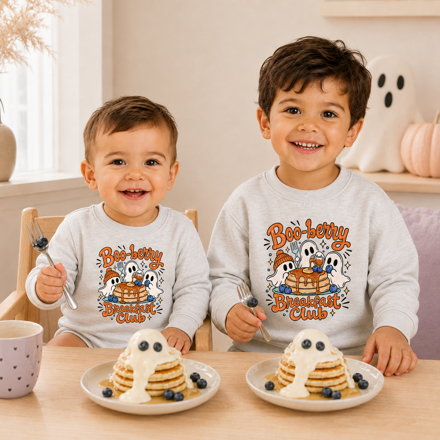 Two young children sitting at a table wearing matching light gray long-sleeve shirts with a 'Boo-berry Breakfast Club' graphic. The child on the left is in a wooden high chair, and both children are holding forks.