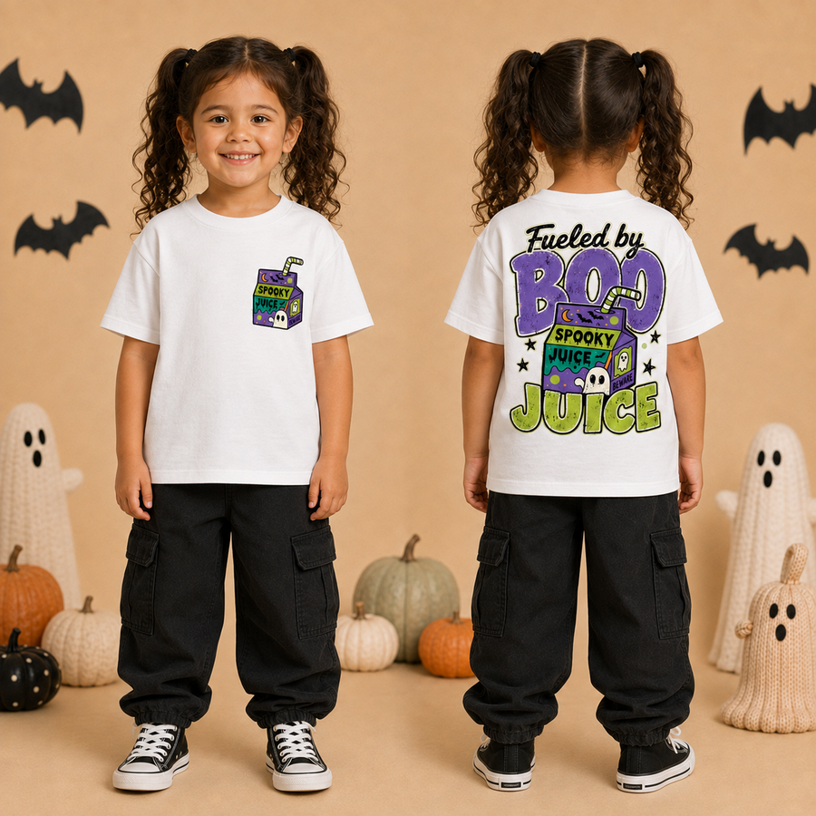 A young girl with curly brown hair in pigtails is shown from the front and back wearing a white graphic t-shirt and black cargo pants. The background is a warm beige color decorated with Halloween elements including pumpkins, ghost decorations, and bat silhouettes.
