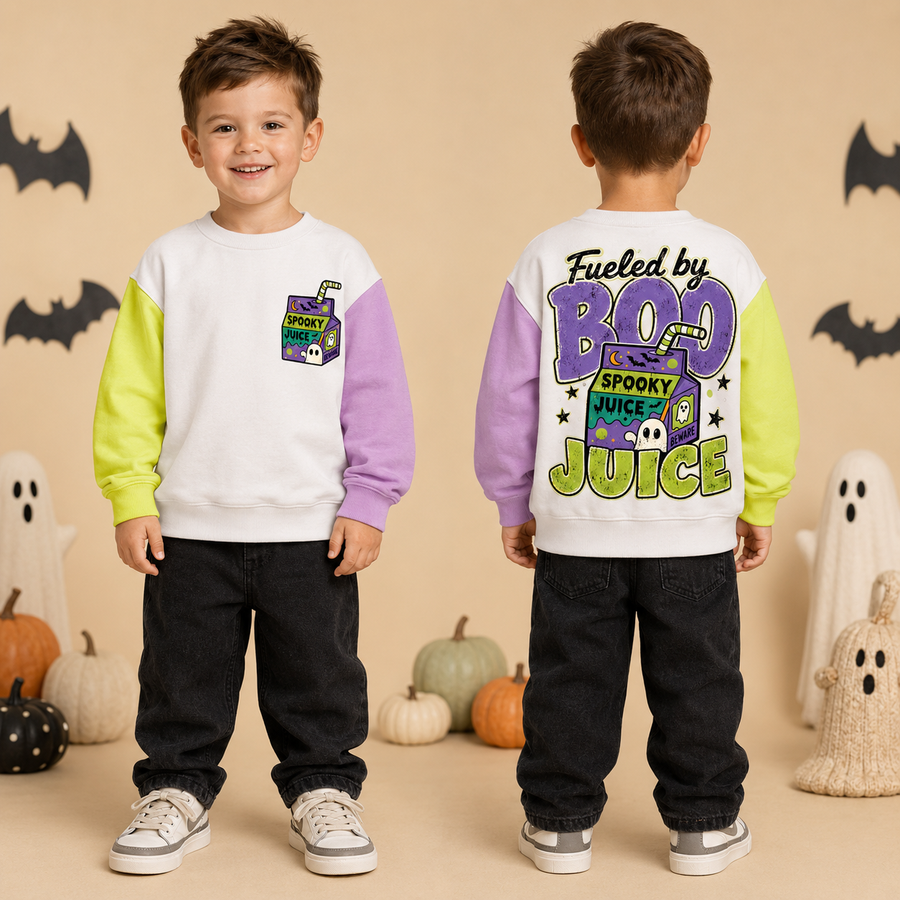 A young boy is shown from both the front and back wearing a white sweatshirt with neon yellow-green and lavender color-blocked sleeves. The front has a small graphic on the left chest, and the back features a large 'Fueled by BOO Spooky Juice' graphic.