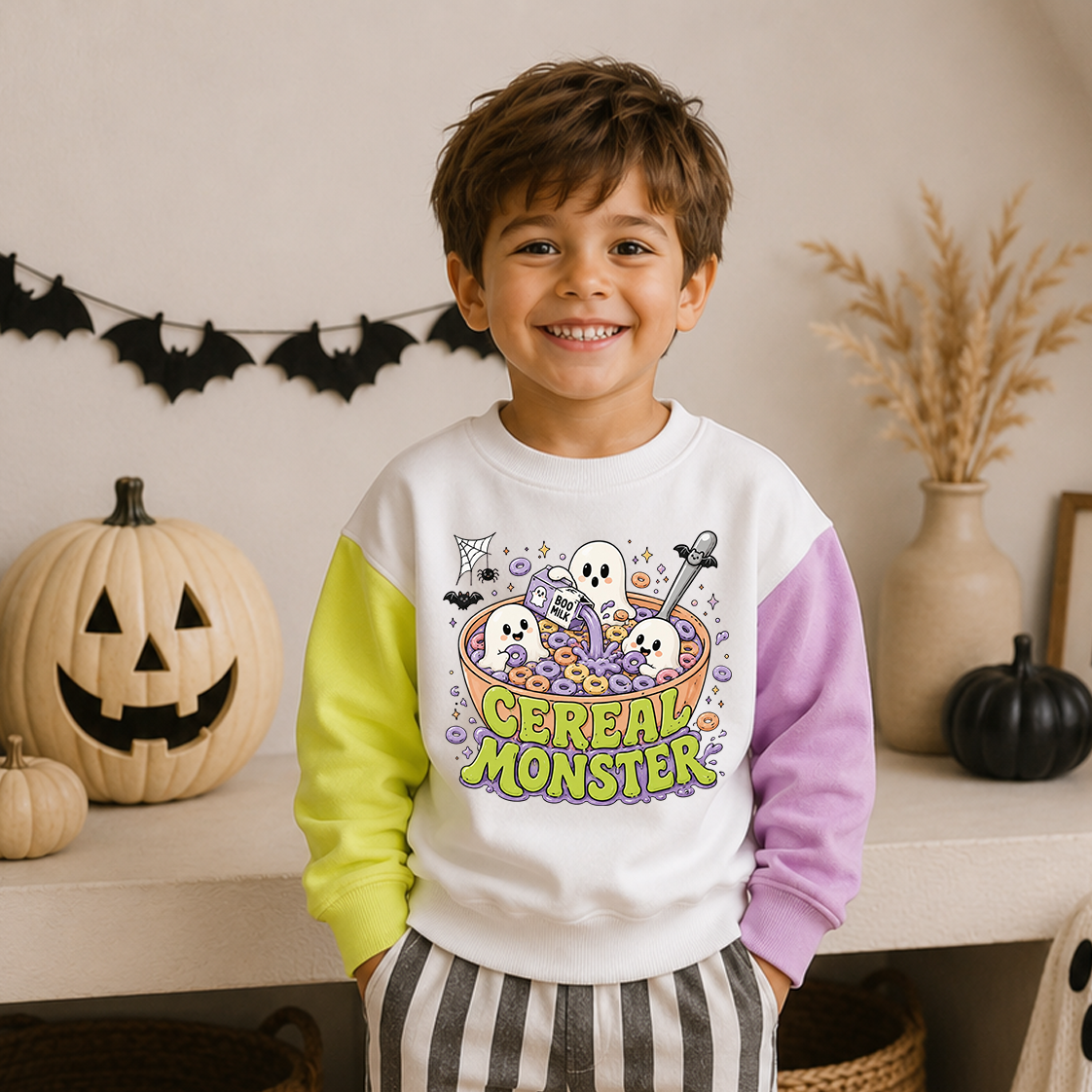 A smiling young boy stands indoors wearing a white sweatshirt with bright yellow-green and lavender sleeves and a colorful Halloween cereal graphic on the front that reads 'Cereal Monster.' The room has a warm neutral wall, pumpkins, dried grass in a vase, and black bat garlands in the background.