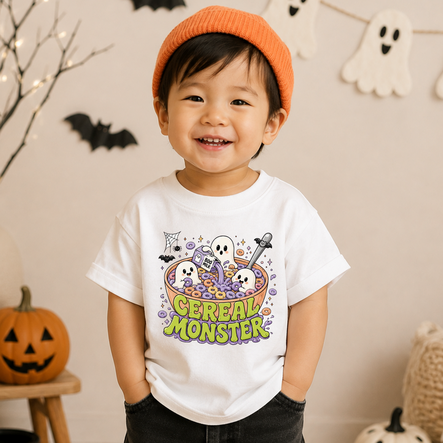 A smiling toddler wearing a white graphic T-shirt with a colorful 'Cereal Monster' Halloween design, paired with an orange beanie, standing in a decorated indoor setting with pumpkins and ghost decorations.