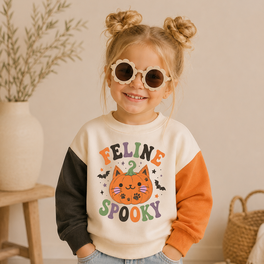 A young girl with blonde hair in two buns wears scalloped round sunglasses and a cream sweatshirt with black and orange color-block sleeves. The sweatshirt features a colorful graphic of a cat face with a pumpkin nose and the words 'FELINE SPOOKY' in multicolored letters.