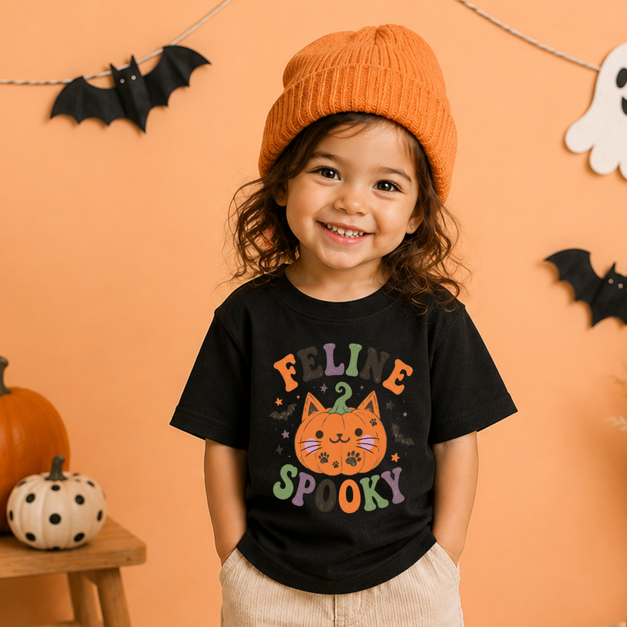 A smiling young child wearing a black graphic T-shirt with a colorful 'Feline Spooky' cat design, paired with a bright orange knit beanie, standing against an orange wall decorated with Halloween cutouts and a small pumpkin.