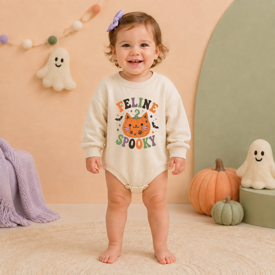 A toddler stands barefoot in a styled room wearing a cream long-sleeve bodysuit with a colorful 'FELINE 3 SPOKKY' Halloween graphic on the front. The background features a peach wall, a green arch, plush ghost decorations, and small pumpkins.