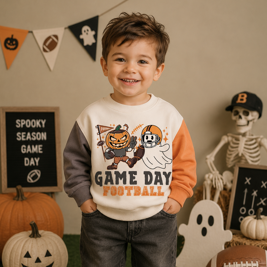A young boy stands in a Halloween-themed room wearing a cream, orange, and gray long-sleeve sweatshirt with a 'Game Day Football' graphic. The background features pumpkins, a skeleton, a football, and autumn decorations.