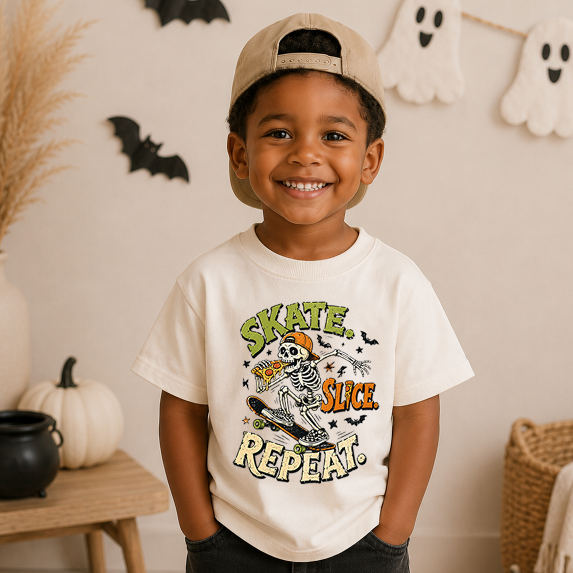 A smiling young boy wearing a beige baseball cap backwards and a cream graphic T-shirt with a skeleton skateboarder and the words 'Skate Slice Repeat!' in a Halloween-themed room with ghost decorations and pumpkins.